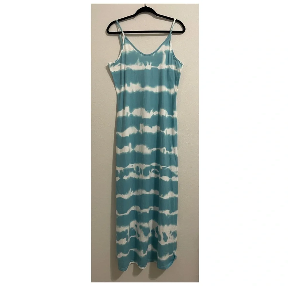 Turquoise Spaghetti Strap Sleeveless Tie Dye Long Macy Summer Sun Dress Size L - Picture 2 of 10